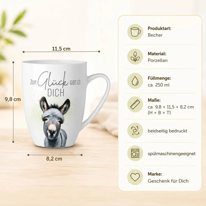 Tasse „Zum Glück gibt es Dich“ – Esel Becher 250 ml