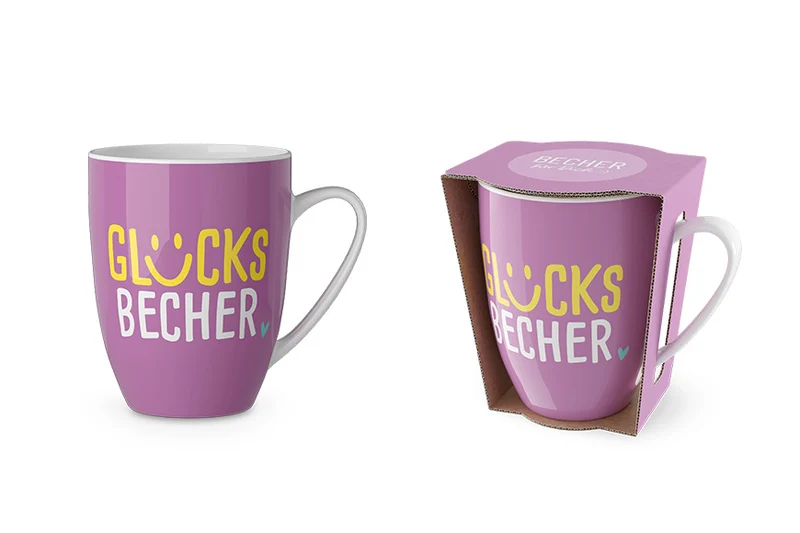 Tasse „Glücksbecher“ – Lila mit Smiley, Porzellan 250 ml
