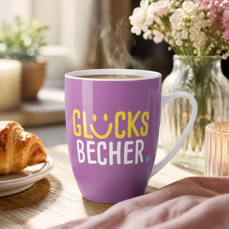 Tasse „Glücksbecher“ – Lila mit Smiley, Porzellan 250 ml