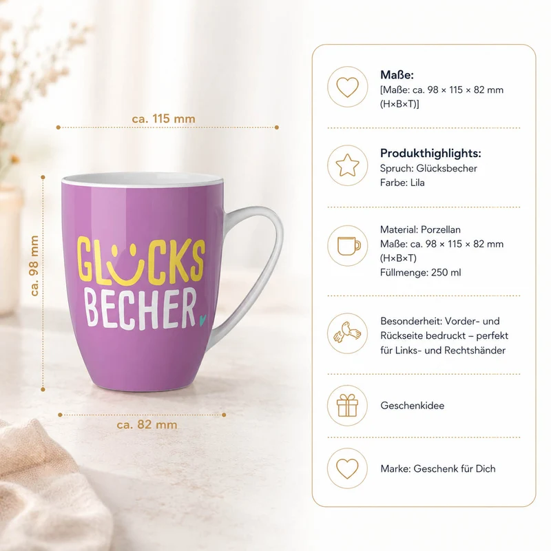 Tasse „Glücksbecher“ – Lila mit Smiley, Porzellan 250 ml