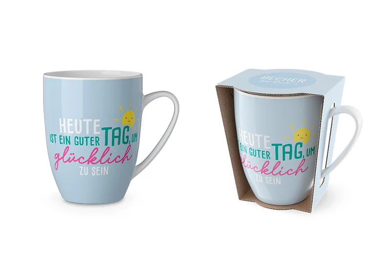 Tasse „Heute ist ein guter Tag“ – Hellblau, Porzellan Becher 250 ml