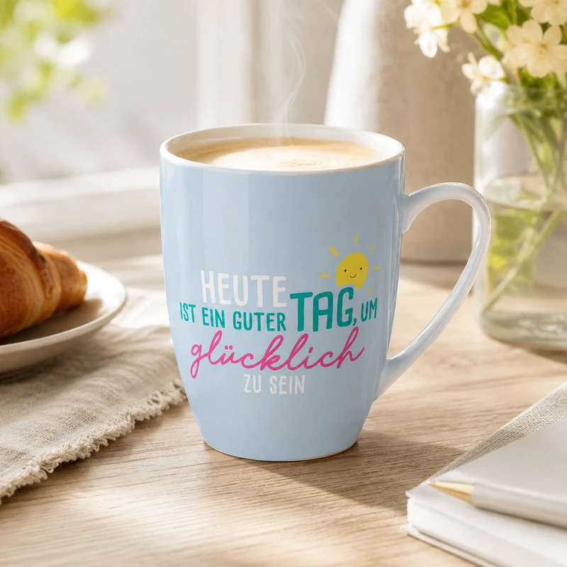 Tasse „Heute ist ein guter Tag“ – Hellblau, Porzellan Becher 250 ml