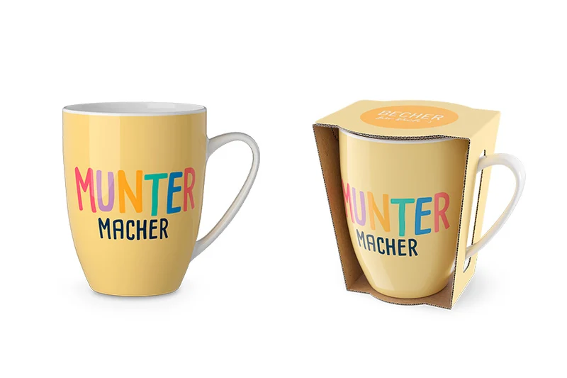 Tasse „Muntermacher“ – Gelb, Porzellan Becher 250 ml
