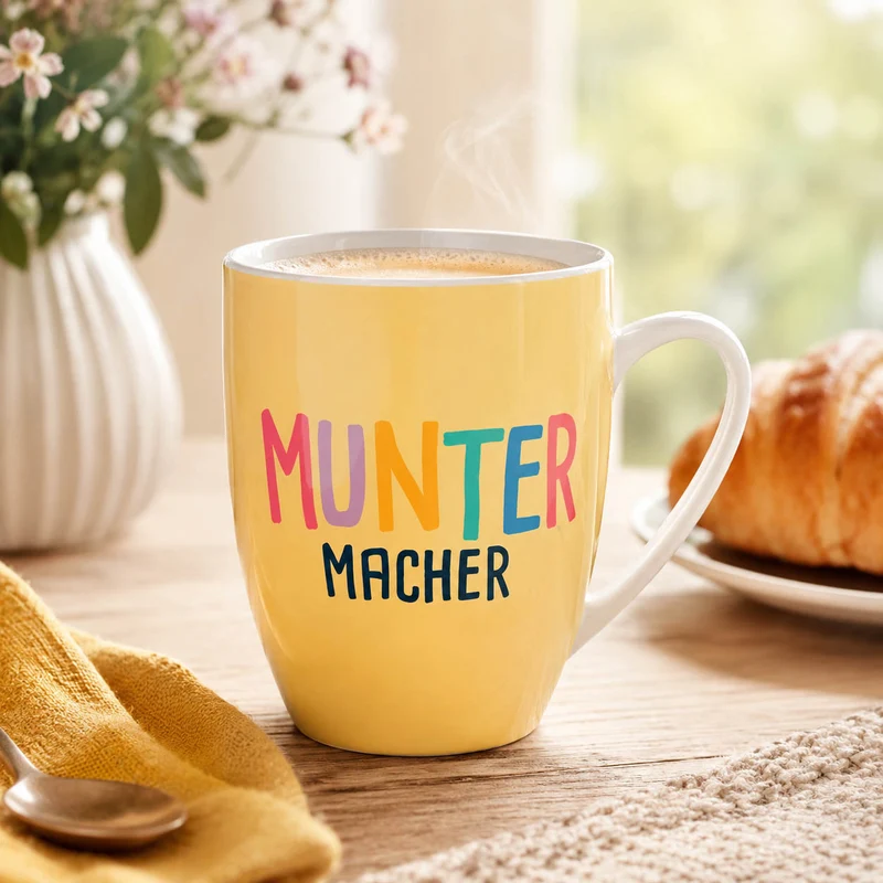 Tasse „Muntermacher“ – Gelb, Porzellan Becher 250 ml