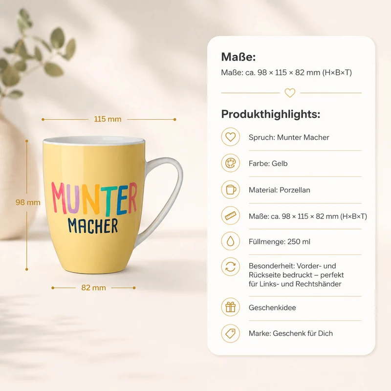Tasse „Muntermacher“ – Gelb, Porzellan Becher 250 ml