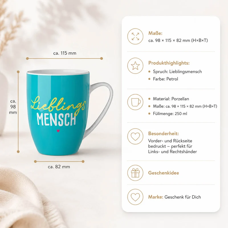 Tasse „Lieblingsmensch“ – Petrol, Porzellan Becher 250 ml