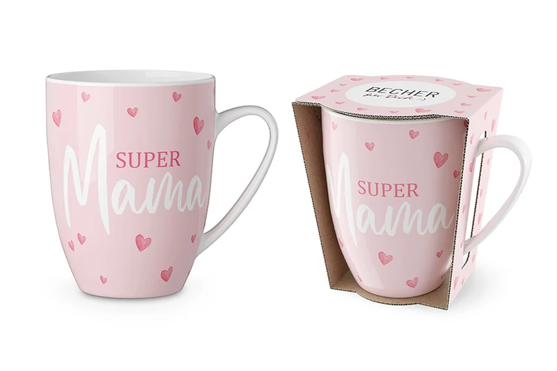 Mama Tasse „Super Mama“ – rosa mit Herzen, Becher 250 ml