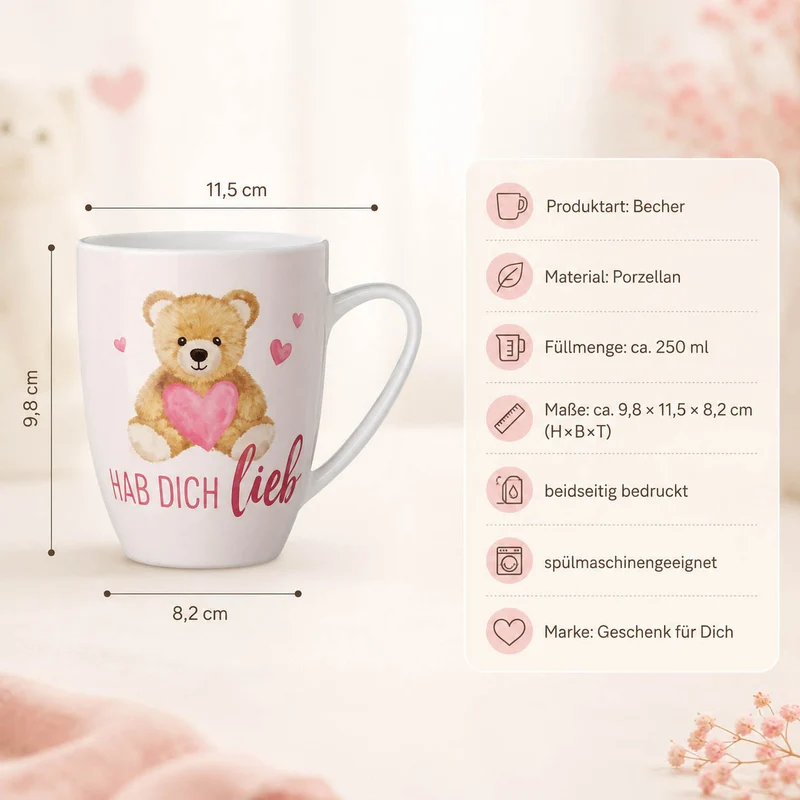 Teddy Tasse „Hab Dich lieb“ – Becher 250 ml mit Herz
