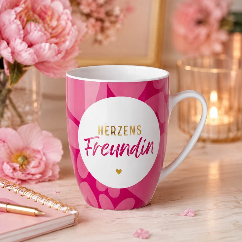 Tasse „Herzens Freundin“ – pink mit Herz, Becher 250 ml
