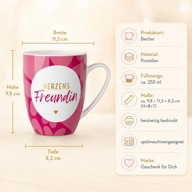 Tasse „Herzens Freundin“ – pink mit Herz, Becher 250 ml