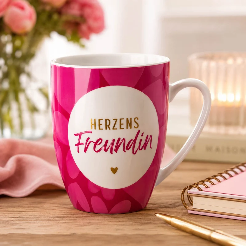 Tasse „Herzens Freundin“ – pink mit Herz, Becher 250 ml
