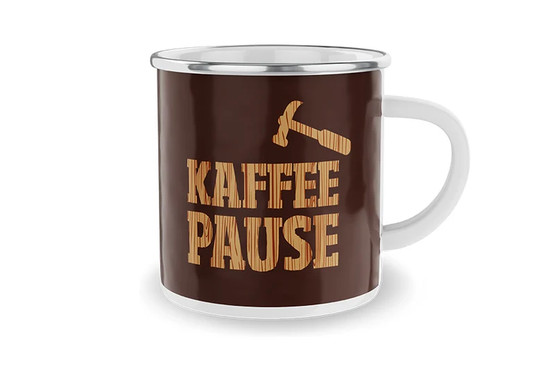 Emaille Tasse „Kaffeepause“ – Emaille Becher für draußen