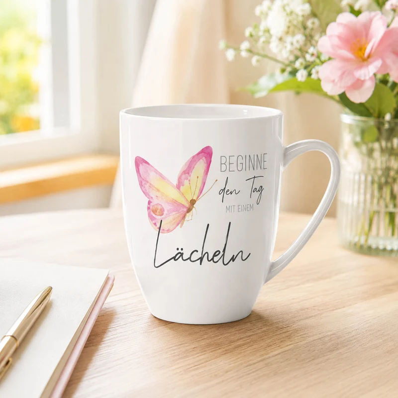 Schmetterling Tasse „Beginne den Tag mit einem Lächeln“ – Becher 250 ml