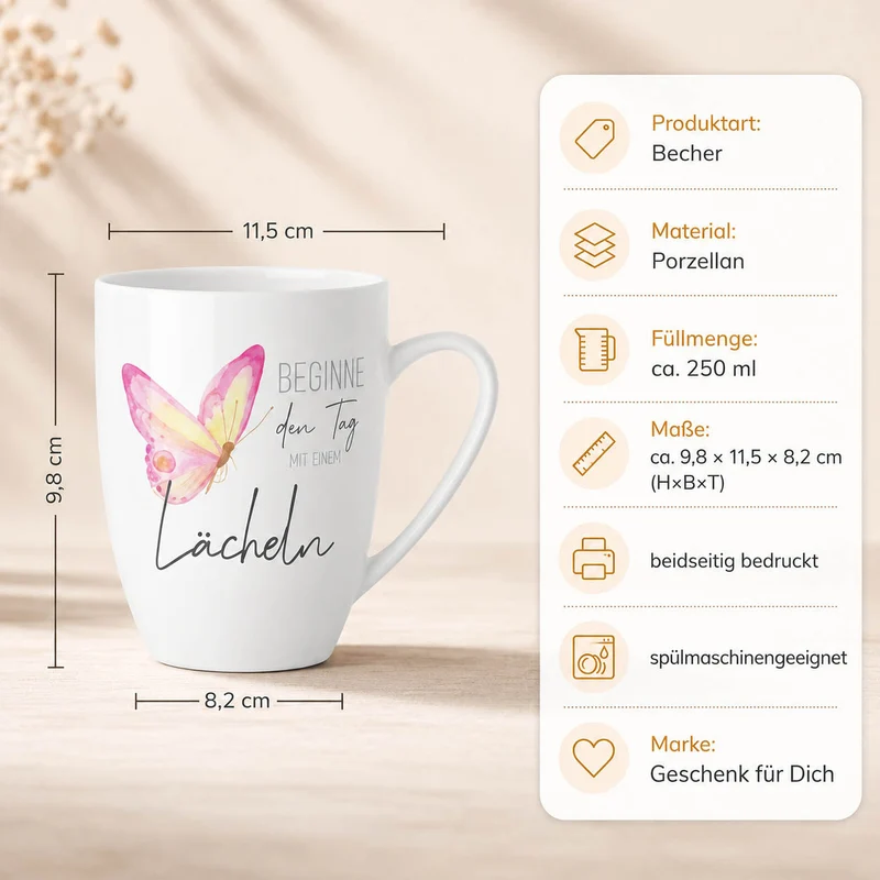 Schmetterling Tasse „Beginne den Tag mit einem Lächeln“ – Becher 250 ml