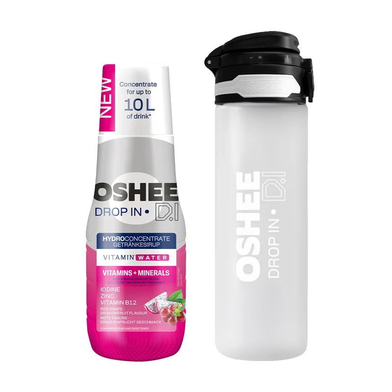 Getränkesirup OSHEE DROP IN Rote Traube-Drachenfrucht – Vitamine und Mineralstoffe – 500 ml + TRANSPARENTE 650-ML-FLASCHE AUS ROBUSTEM TRITAN
