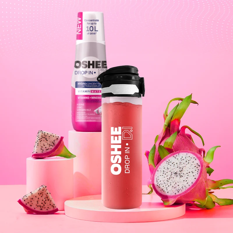 Getränkesirup OSHEE DROP IN Rote Traube-Drachenfrucht – Vitamine und Mineralstoffe – 500 ml + TRANSPARENTE 650-ML-FLASCHE AUS ROBUSTEM TRITAN