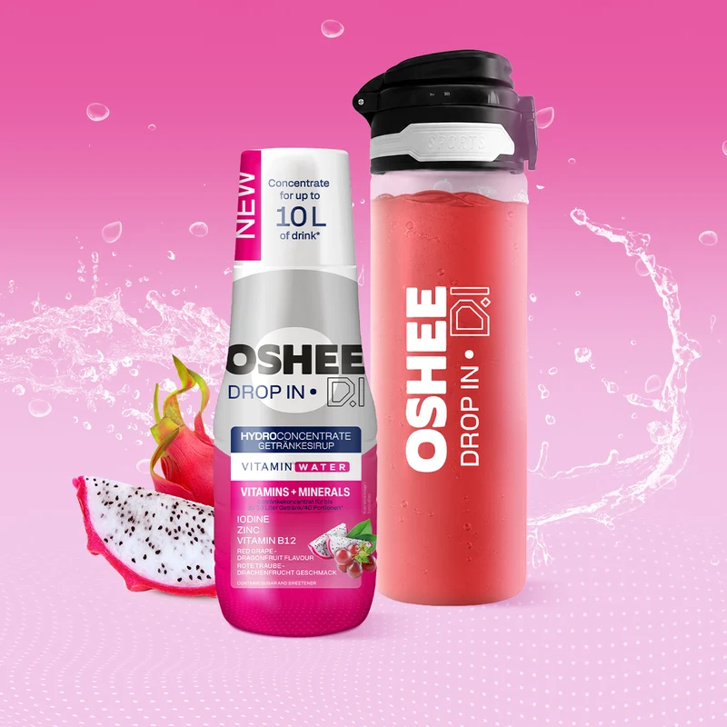 Getränkesirup OSHEE DROP IN Rote Traube-Drachenfrucht – Vitamine und Mineralstoffe – 500 ml + TRANSPARENTE 650-ML-FLASCHE AUS ROBUSTEM TRITAN