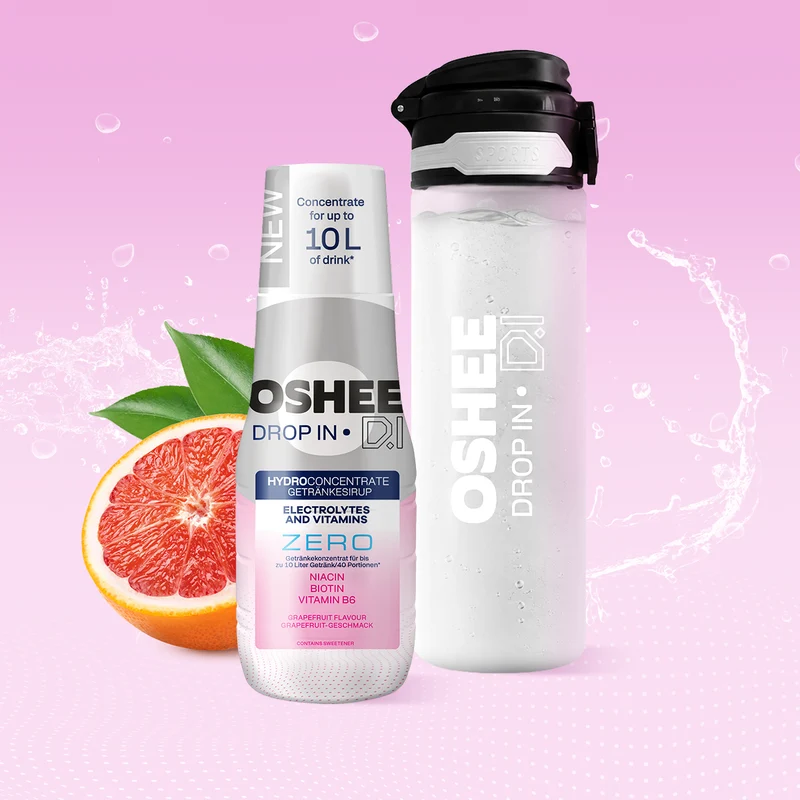 Getränkesirup OSHEE DROP IN ZERO – Grapefruit – Elektrolyte und Vitamine – 500 ml + TRANSPARENTE 650-ML-FLASCHE AUS ROBUSTEM TRITAN
