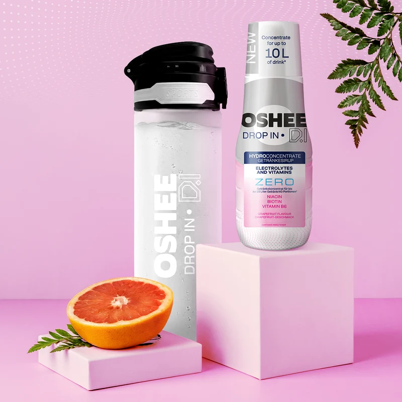 Getränkesirup OSHEE DROP IN ZERO – Grapefruit – Elektrolyte und Vitamine – 500 ml + TRANSPARENTE 650-ML-FLASCHE AUS ROBUSTEM TRITAN