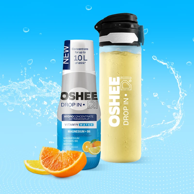 Getränkesirup OSHEE DROP IN Zitrone-Orange – Vitamine und Magnesium – 500 ml + TRANSPARENTE 650-ML-FLASCHE AUS ROBUSTEM TRITAN