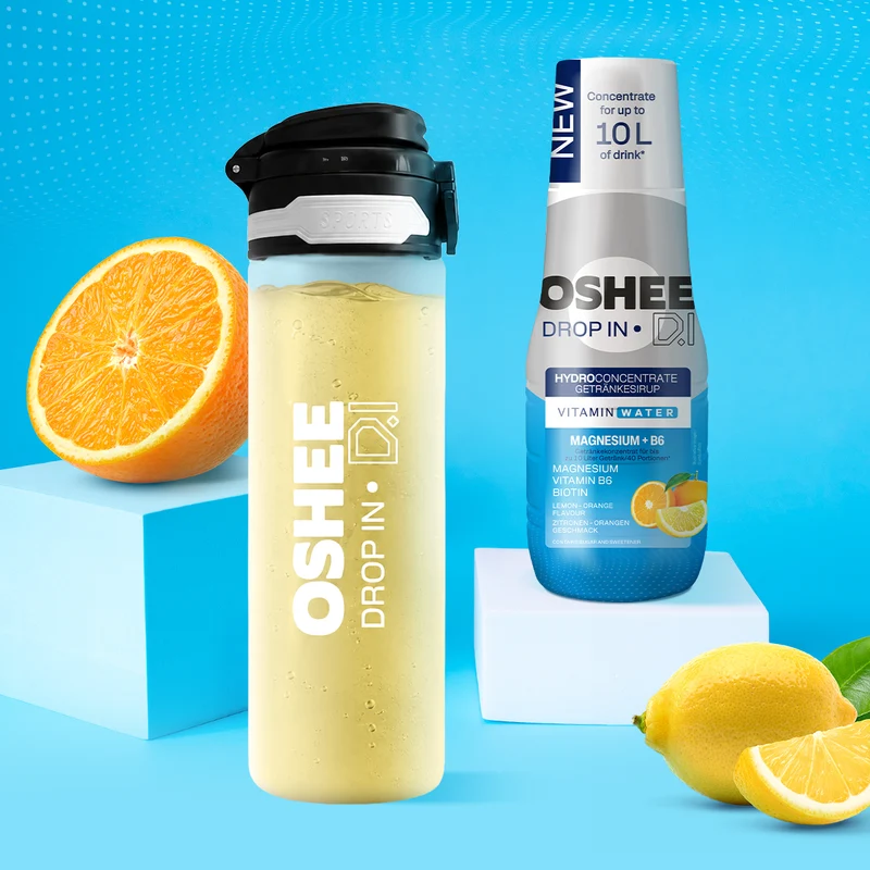 Getränkesirup OSHEE DROP IN Zitrone-Orange – Vitamine und Magnesium – 500 ml + TRANSPARENTE 650-ML-FLASCHE AUS ROBUSTEM TRITAN