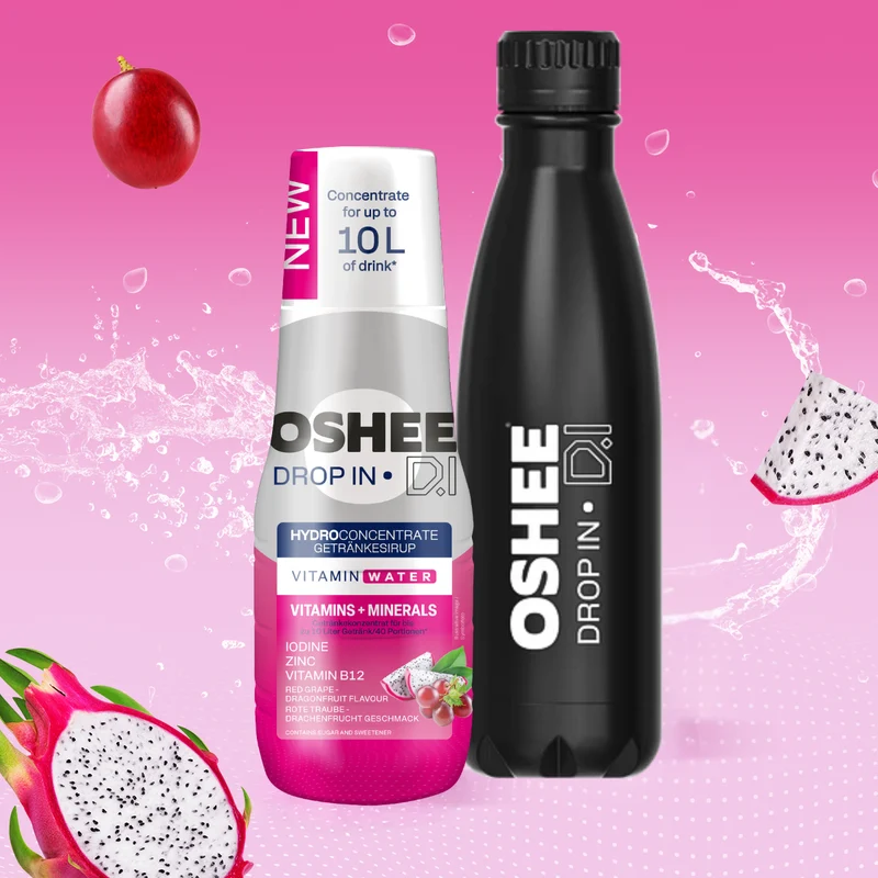 Getränkesirup OSHEE DROP IN Rote Traube-Drachenfrucht – Vitamine und Mineralstoffe – 500 ml + Thermosflasche aus Edelstahl, schwarz, 500 ml
