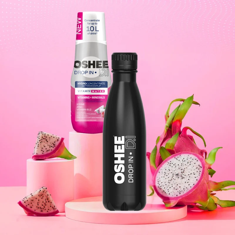 Getränkesirup OSHEE DROP IN Rote Traube-Drachenfrucht – Vitamine und Mineralstoffe – 500 ml + Thermosflasche aus Edelstahl, schwarz, 500 ml