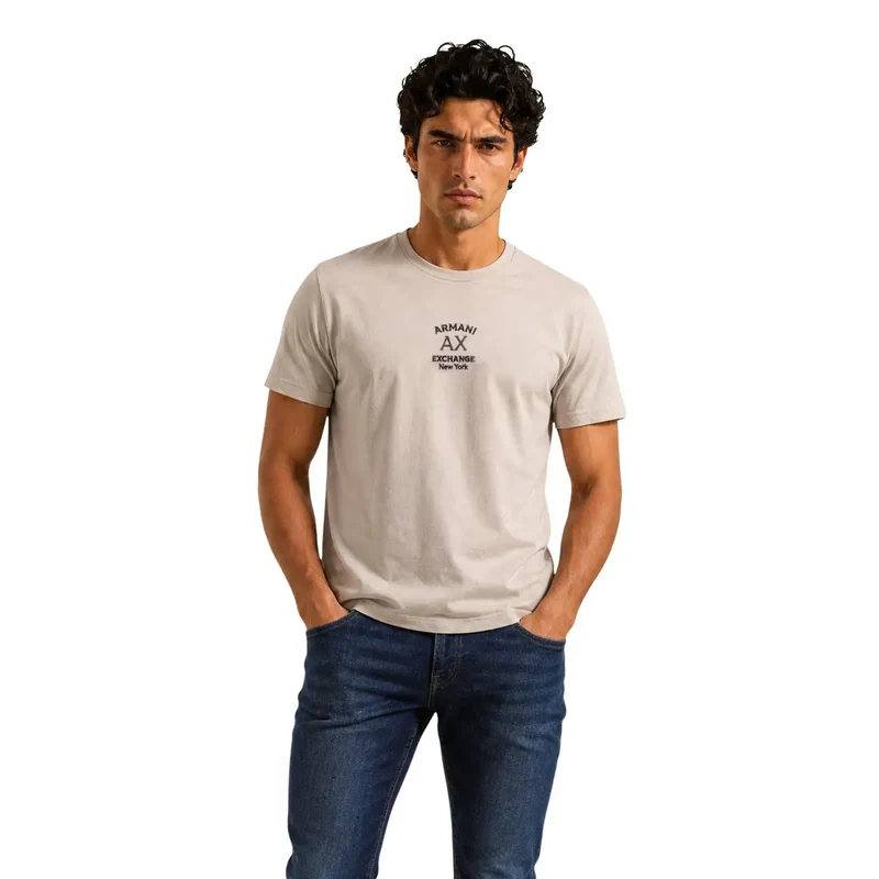 Armani Exchange Beiges Herren-T-Shirt aus Baumwolle mit Rundhalsausschnitt