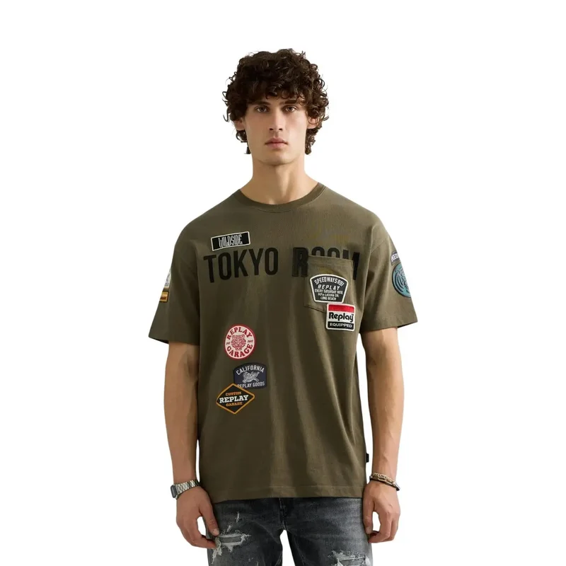 Replay Herren T-Shirt aus grüner Baumwolle, lockere Passform