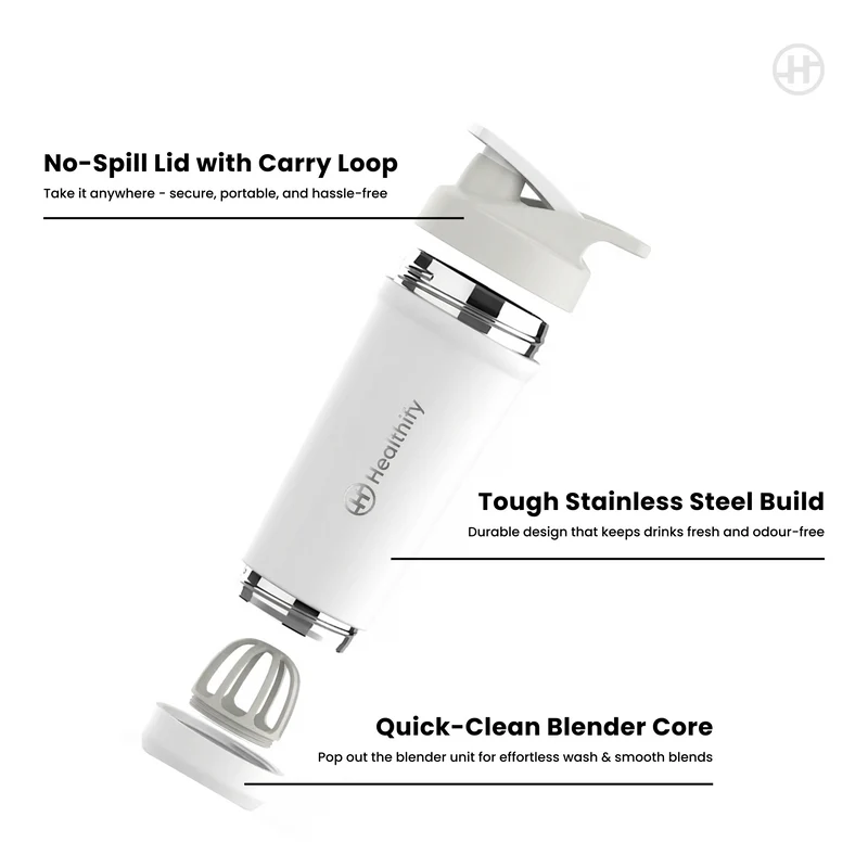 Healthify Premium Stainless Steel Protein Shaker, BPA Free 700ML (White)