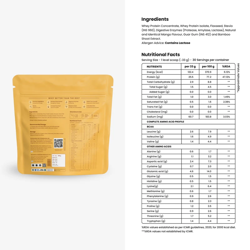 Healthify 100% Whey Protein -Mango , 25.5 g Protein, 5.6 g BCAA - No Added Sugar, Zero Preservatives