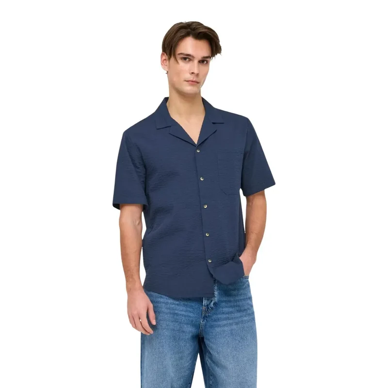 Only and Sons Herren-Resorthemd aus Baumwolle, Blau