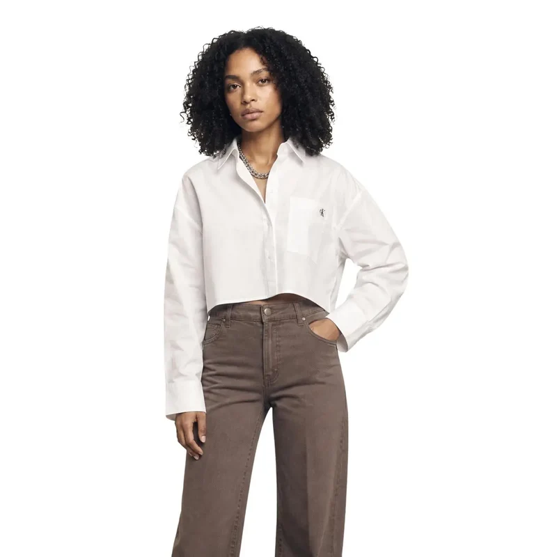 Calvin Klein Jeans Damen weißes Baumwollhemd mit langem Ärmel