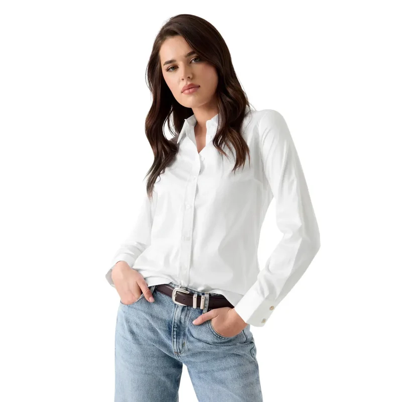 Guess Damen Langarm-Shirt aus weißer Baumwolle mit Rundhalsausschnitt im klassischen Stil