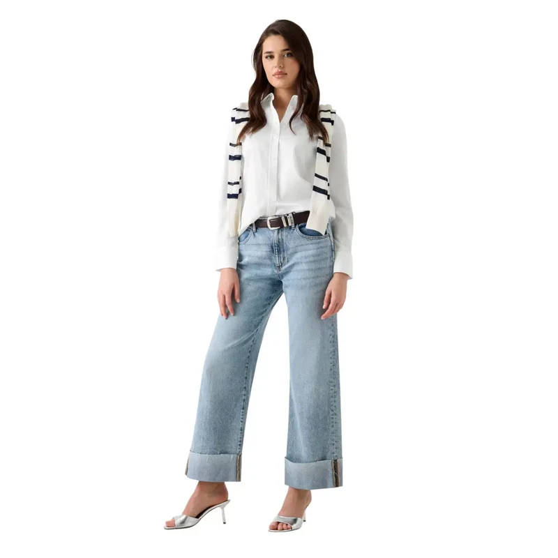 Guess Damen Langarm-Shirt aus weißer Baumwolle mit Rundhalsausschnitt im klassischen Stil