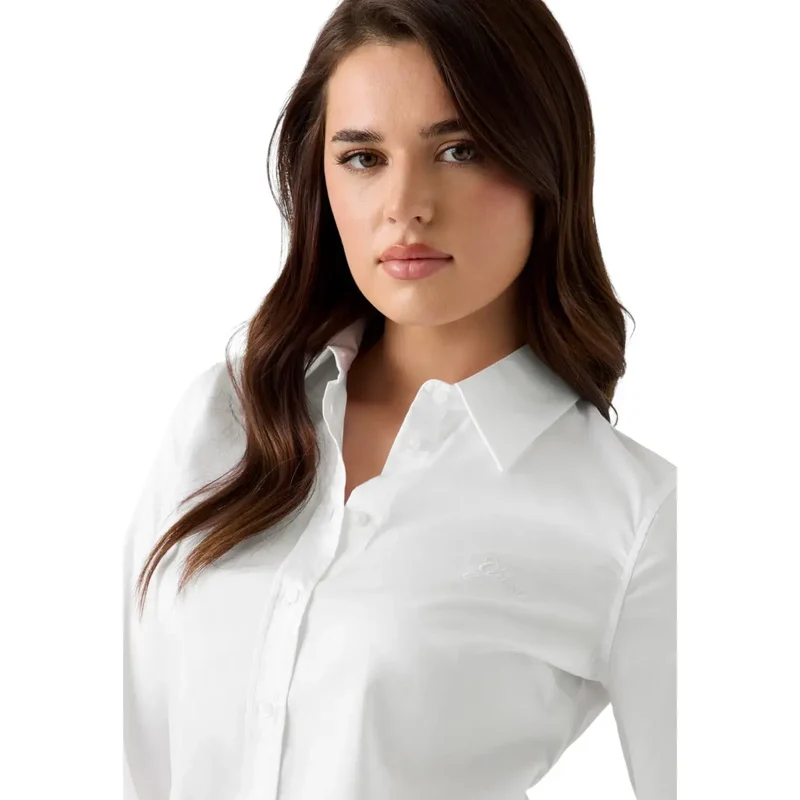 Guess Damen Langarm-Shirt aus weißer Baumwolle mit Rundhalsausschnitt im klassischen Stil