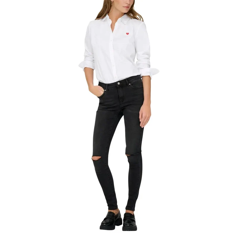 Jacqueline De Yong Damen Weiße Baumwoll-Langarmshirt mit V-Ausschnitt