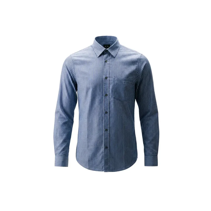 Armani Exchange Herren gestreiftes Baumwollhemd Hellblau Langarm