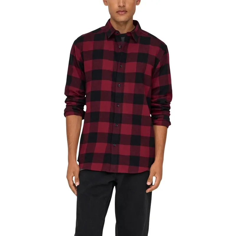 Only & Sons Herrenhemd Rot Karo Langarm Baumwolle S