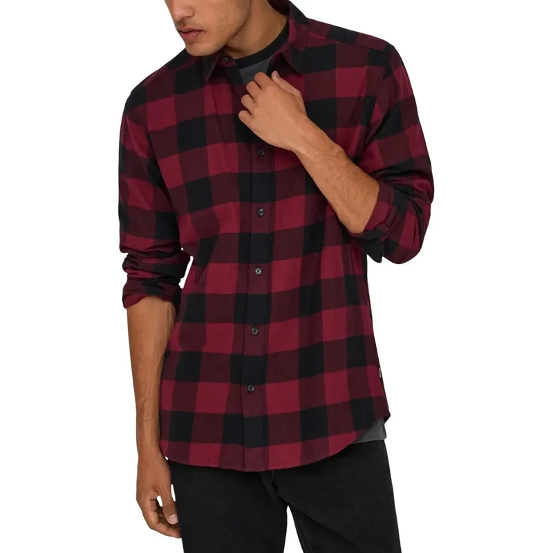Only & Sons Herrenhemd Rot Karo Langarm Baumwolle S
