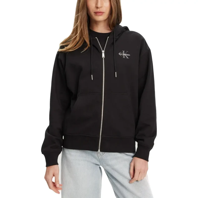 Calvin Klein Schwarzes Damen-Sweatshirt mit Kapuze aus Baumwolle und Reißverschluss