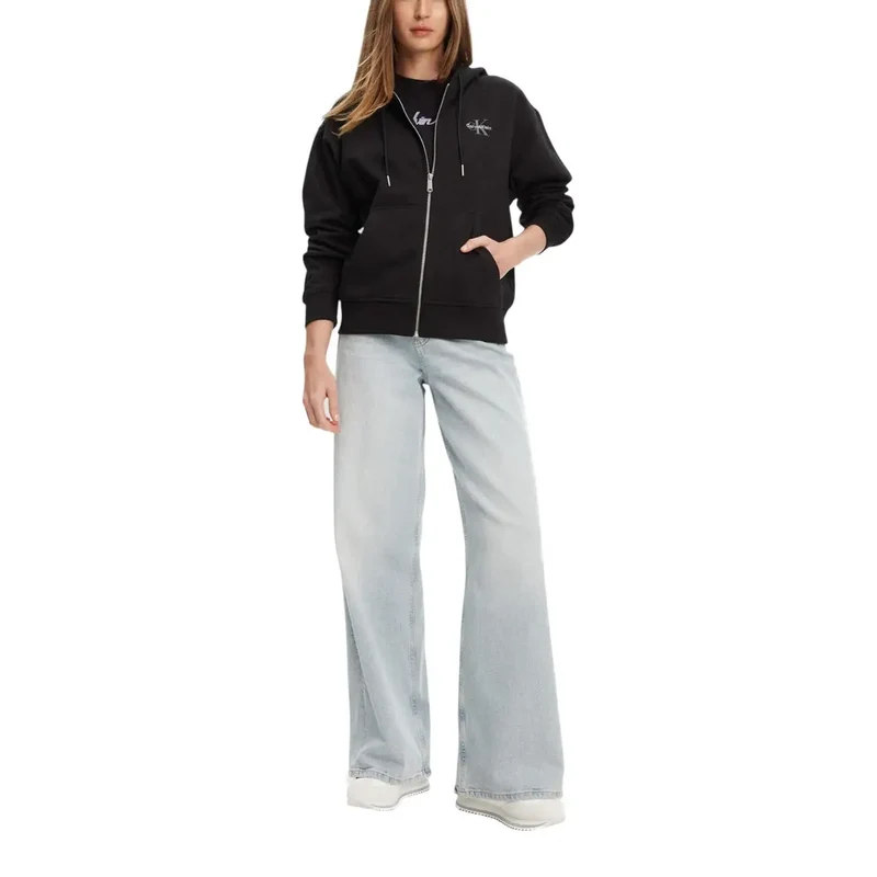 Calvin Klein Schwarzes Damen-Sweatshirt mit Kapuze aus Baumwolle und Reißverschluss