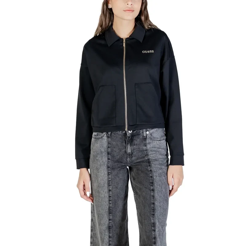Guess Schwarzes Damen-Sweatshirt mit durchgehendem Reißverschluss aus Polyamid