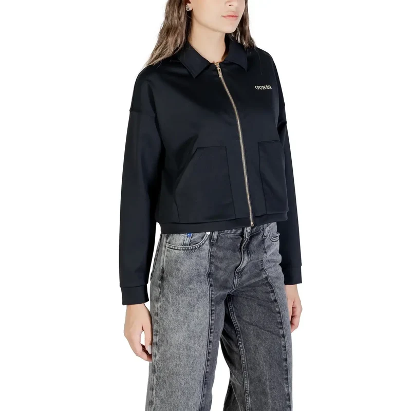 Guess Schwarzes Damen-Sweatshirt mit durchgehendem Reißverschluss aus Polyamid