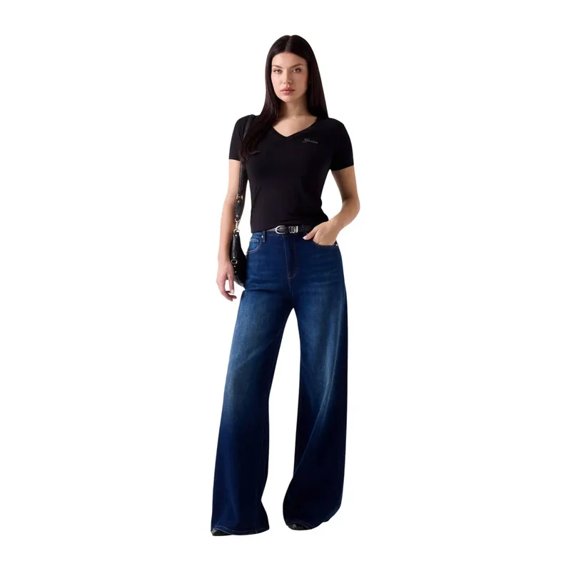 Guess: Damen schwarzes Modal-Lycra T-Shirt mit kurzem Ärmel und V-Ausschnitt