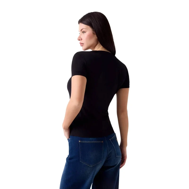 Guess: Damen schwarzes Modal-Lycra T-Shirt mit kurzem Ärmel und V-Ausschnitt