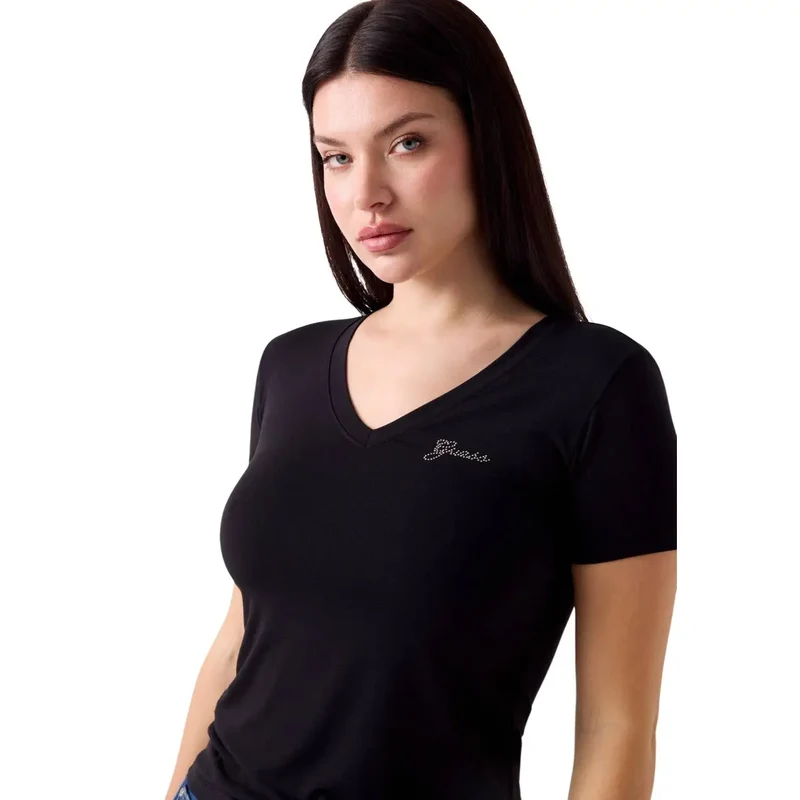 Guess: Damen schwarzes Modal-Lycra T-Shirt mit kurzem Ärmel und V-Ausschnitt