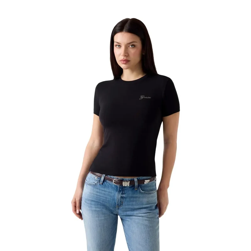 Guess Damen Schwarz Modal-Lycra Kurzarm Mini-Logo T-Shirt