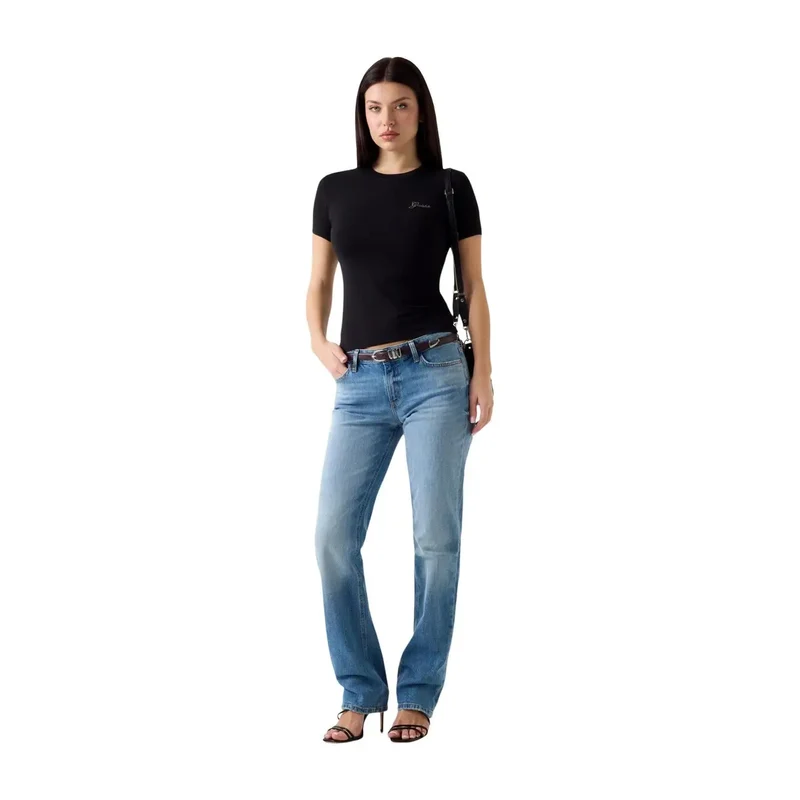 Guess Damen Schwarz Modal-Lycra Kurzarm Mini-Logo T-Shirt