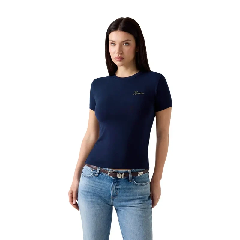 Guess Damen Schwarz Modal-Lycra Kurzarm Mini-Logo T-Shirt